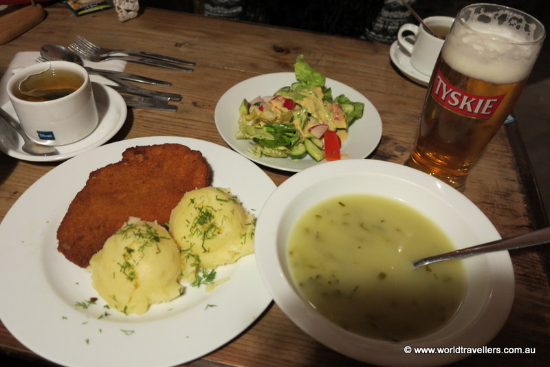 Gherkin soup, pork schnitzel with potato, salad and mushroom dumplings.  